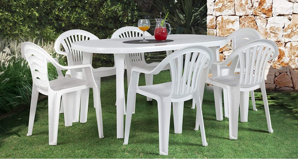 Lot 26 tables jardin longueur 140 cm en plastique vert / blanc Belmiro