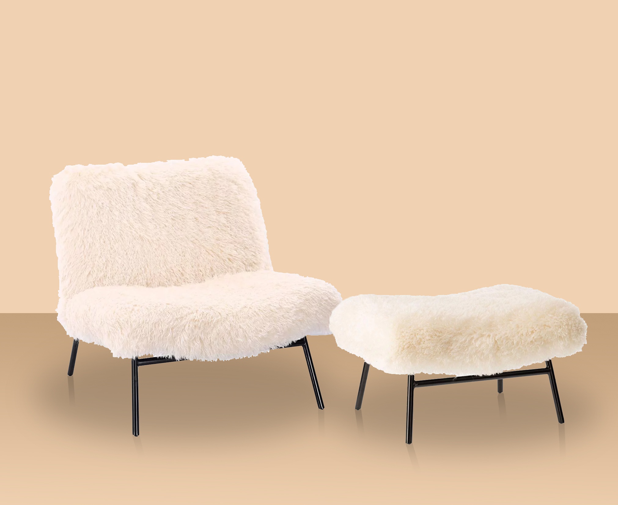 Fauteuil et repose pied en fausse fourrure blanche Domme